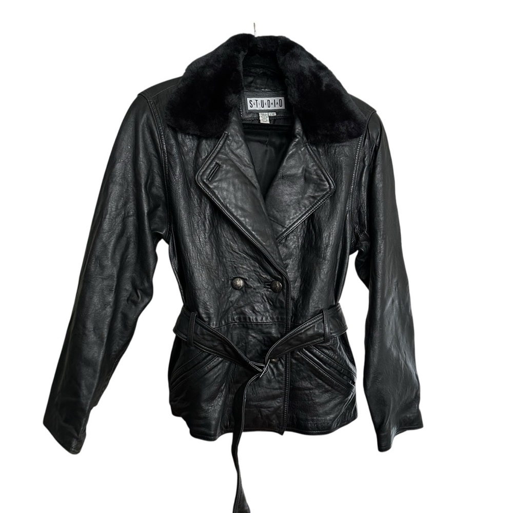 SIENA STUDIO Vintage Black Leather Jacket Faux Fur Collar Belted Moto Style Y2K